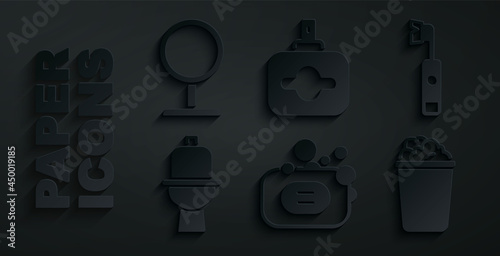 Set Bar of soap, Electric toothbrush, Toilet bowl, Bucket with suds, Perfume and Round makeup mirror icon. Vector