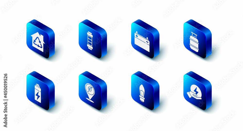 Set Battery, Car battery, Propane gas tank, Lightning bolt, bulb, Location with leaf, and Eco House recycling icon. Vector Set Battery, Car battery, Propane gas tank, Lightning bolt, bulb, Location with leaf, and Eco House recycling icon. Vector