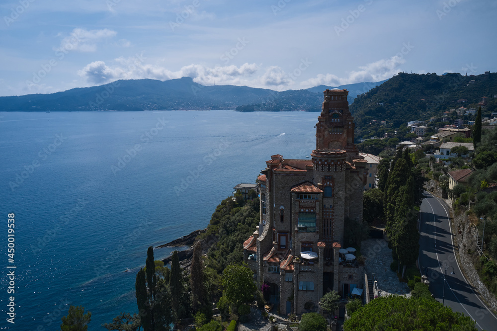 sem Benelli castle on the Ligurian sea, Rapallo resort, Italy.