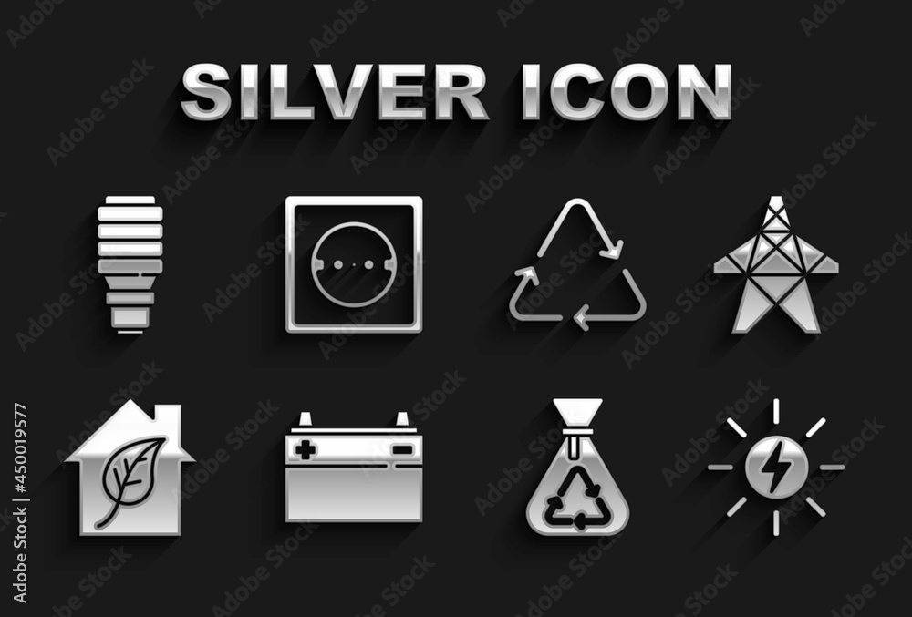 Set Car battery, Electric tower, Solar energy panel, Garbage bag with recycle, Eco friendly house, Recycle symbol, LED light bulb and Electrical outlet icon. Vector Set Car battery, Electric tower, Solar energy panel, Garbage bag with recycle, Eco friendly house, Recycle symbol, LED light bulb and Electrical outlet icon. Vector
