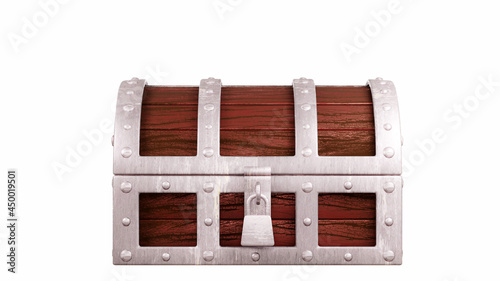Close up old wooden treasure chest old metal edge red brown weathered plank wood  ancient style isolated on white 3D rendering