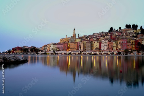Town of Menton in France  just before sunrise