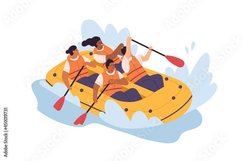 Happy people rowing with paddles, swimming in inflatable boat in river. Team of diverse men and women during extreme water activity in lake. Flat vector illustration isolated on white background