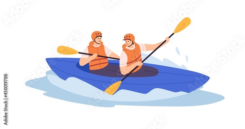 People rowing with paddles in kayak. Men in helmets and life jackets rafting in sports boat with oars. in river. Extreme water activity. Flat vector illustration isolated on white background