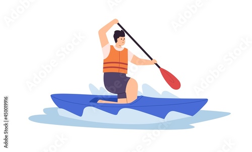 Man riding solo canoe in water, rowing with paddle. Person oaring and swimming on sport boat in river. Sportsman in life jacket in lake. Flat vector illustration isolated on white background