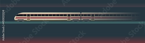 High-speed train Suburban and urban underground transport. Horizontal. Railway with a locomotive. Metro. Dark illustration. Flat style design. Vector