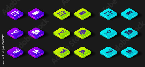 Set Door handle, Hotel service bell, Martini glass, Armchair, Refrigerator and Lift icon. Vector