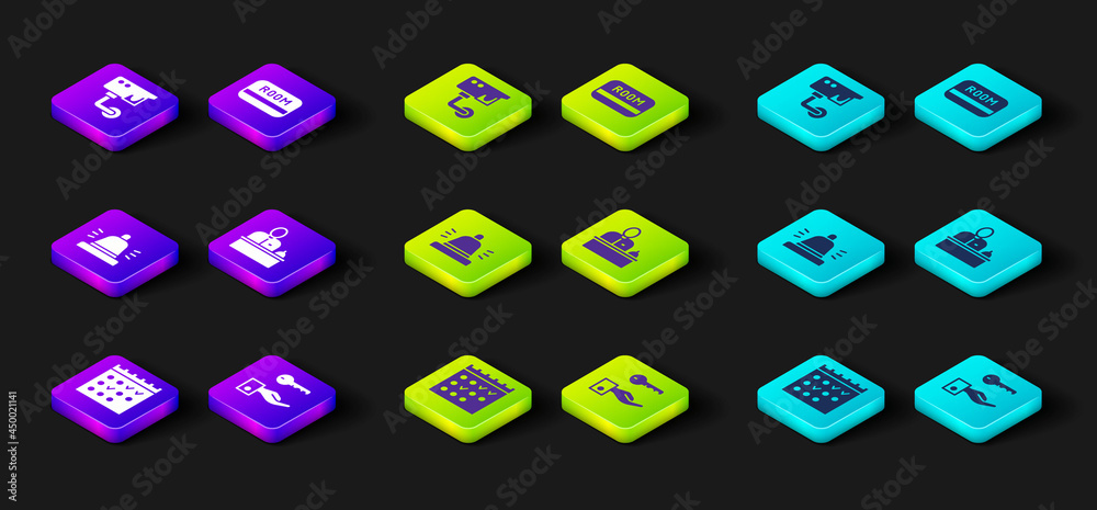 Set Hotel booking calendar, door lock key, service bell, reception desk, card and Security camera icon. Vector