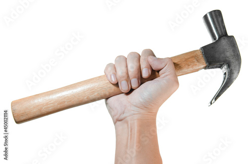hand with hammer isolated on white background