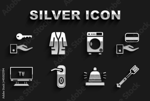 Set Door handle, Digital door lock, Fork, Hotel service bell, Smart Tv, Washer, key and Bathrobe icon. Vector