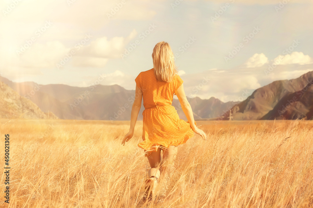 mountains travel field girl, freedom and happiness concept active mountains travel field girl, freedom and happiness concept active