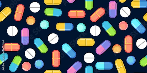 Medicines seamless pattern. Illustration with pills. Concurrency. Medicinal drugs. Pharmaceuticals. Ambulance. Pharmacy. Dark background. Flat design. Vector
