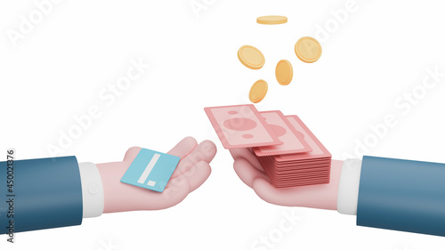 3d cartoon hand holding bank notes, coins and credit card, concept of financial operations, transactions, investments, exchange, cash and non-cash turnover, Cashless society, 3d render illustration