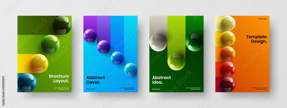 Minimalistic realistic balls front page template bundle. Bright corporate identity design vector illustration set.