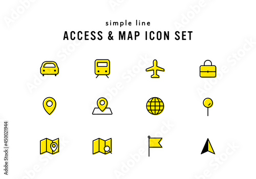 アクセスやマップに関連するアイコンセット　イラスト　地図　位置情報　ナビ　交通機関　目的地　ピン