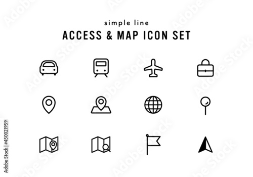 アクセスやマップに関連するアイコンセット　イラスト　地図　位置情報　ナビ　交通機関　目的地　ピン