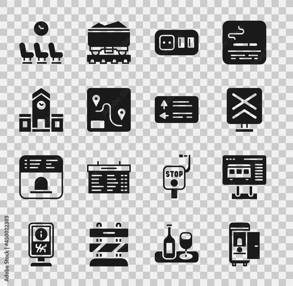 Set Toilet in the train car, Ticket office to buy tickets, Railroad crossing, Electrical outlet, Route location, Railway station, Waiting room and Road traffic signpost icon. Vector Set Toilet in the train car, Ticket office to buy tickets, Railroad crossing, Electrical outlet, Route location, Railway station, Waiting room and Road traffic signpost icon. Vector