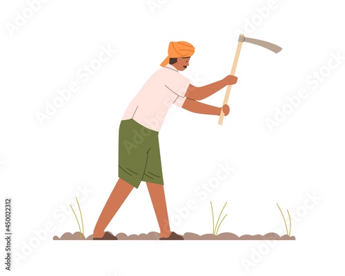 Indian farmer working with hoe on farm field. Work of man in turban on plantation in India. Agriculture worker on land with plants. Flat vector illustration of hindu on farmland isolated on white