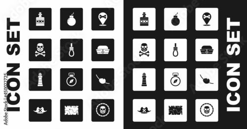 Set Location pirate, Gallows rope loop hanging, Skull crossbones, Alcohol drink Rum, Sailor hat, Bomb ready to explode, Pirate eye patch and Lighthouse icon. Vector