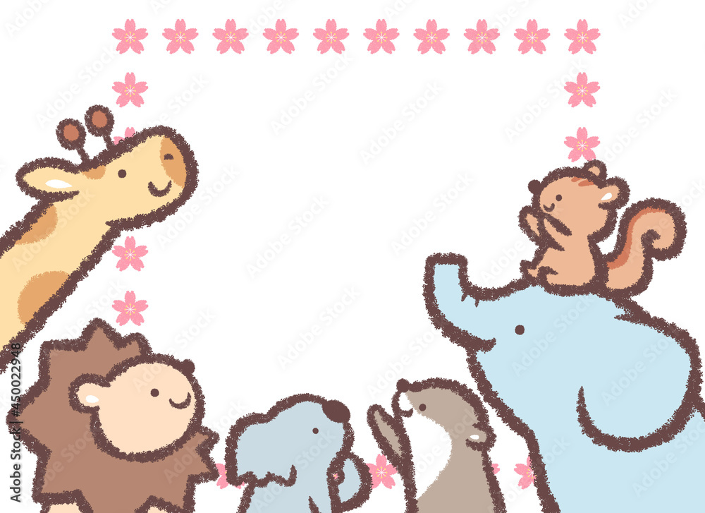 Fototapeta premium 見上げる動物たちとサクラの花フレーム