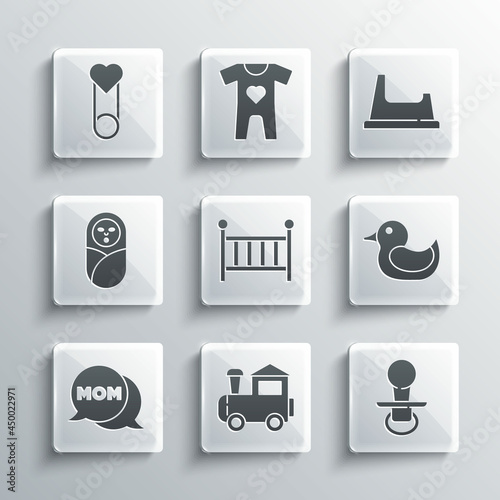 Set Toy train, Baby dummy pacifier, Rubber duck, crib cradle, Speech bubble mom, Newborn baby infant swaddled, clothes pin and potty icon. Vector