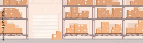 Warehouse interior with carton boxes on metal shelves. Empty storehouse panoramic background for goods storage. Inside stock room with cargo cardboard and shutter doors. Flat vector illustration