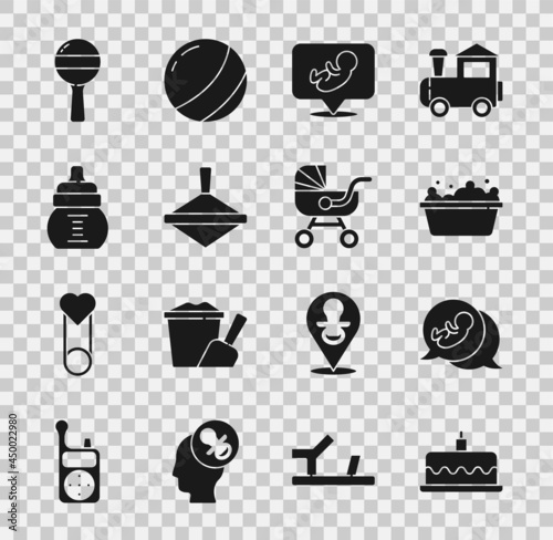 Set Cake with burning candles, Baby, bathtub, Whirligig toy, bottle, Rattle baby and stroller icon. Vector