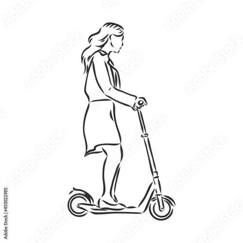 Continuous line woman rides an electric scooter with raised leg