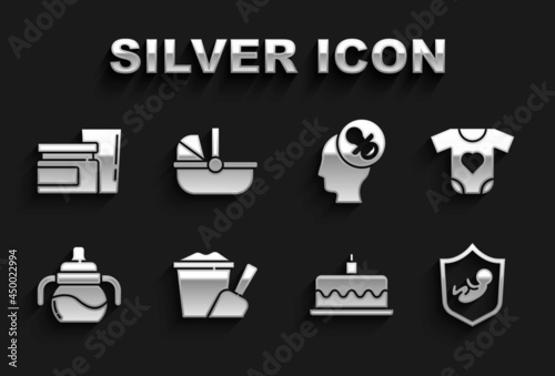 Set Sand in bucket with shovel, Baby clothes, on shield, Cake burning candles, bottle, dummy pacifier, food and stroller icon. Vector