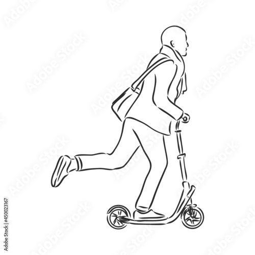 Continuous line woman rides an electric scooter with raised leg