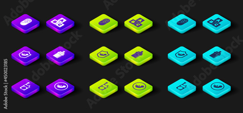 Set Baby Monitor Walkie Talkie, shield, bottle, ABC blocks and Newborn baby infant swaddled icon. Vector