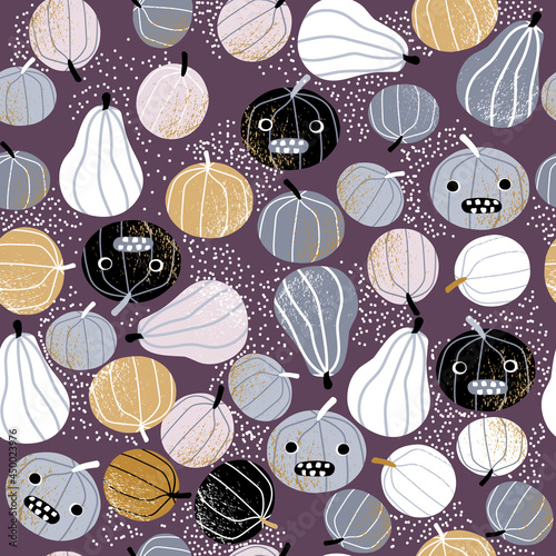 Halloween seamless pattern with different pumpkins. Funny print. Vector hand drawn illustration.