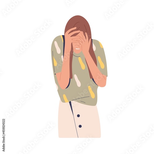 Embarrassed woman hiding her face, regretting failure. Upset shy person feeling shame after fail. Female with negative emotion of desperate. Flat vector illustration isolated on white background
