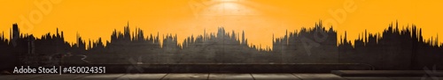 extra wide panoramic silhouette of a huge futuristic city skyline and creative orange and red sunsets