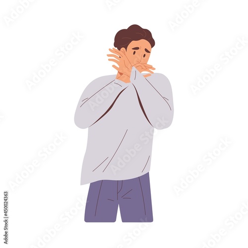 Sad embarrassed man regretting smth. Upset miserable person feeling grief and sorrow. Disappointed human express emotions of sadness and despair. Flat vector illustration isolated on white background