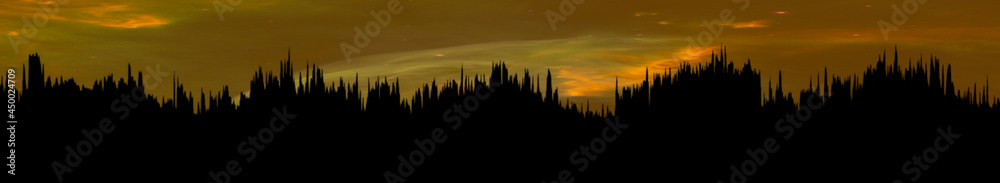 Fototapeta premium extra wide panoramic silhouette of a huge futuristic city skyline and creative orange and red sunsets