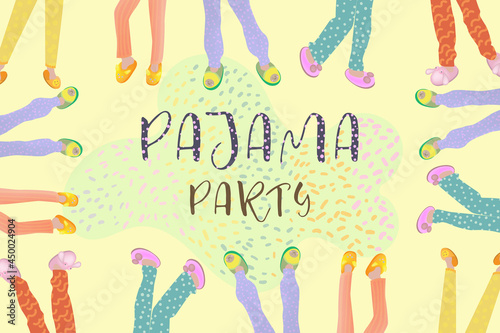 Vector illustration with pajama pants in slippers with the inscription Pajama Party in bright colors.