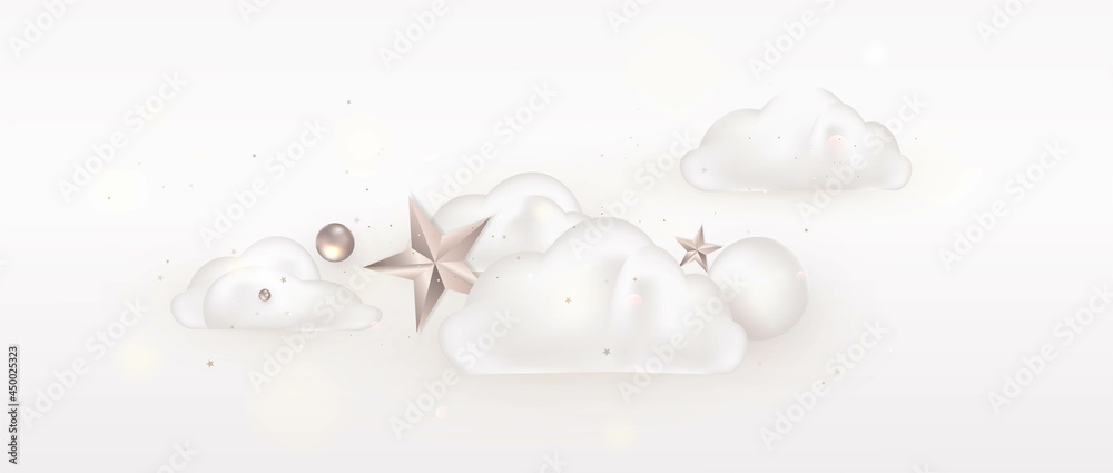 Obraz Dekoracyjne chmury 3d, niebo na białym tle poziomej. Śliczna okładka na zaproszenia, kartkę z życzeniami świątecznymi.Wektor