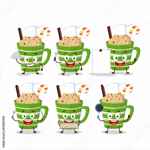 Cartoon character of frappe chocolate with various chef emoticons