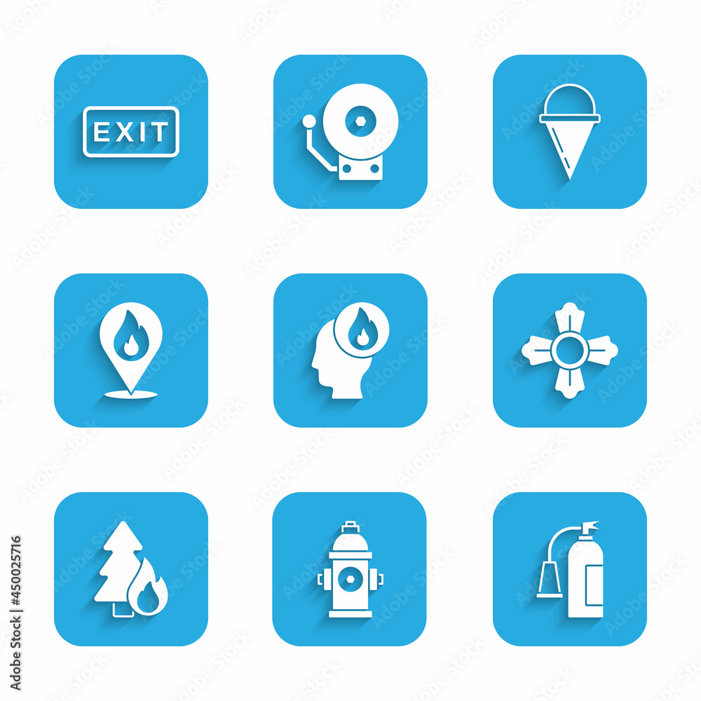 Set Firefighter, hydrant, extinguisher, Burning forest tree, Location with fire flame, cone bucket and exit icon. Vector Set Firefighter, hydrant, extinguisher, Burning forest tree, Location with fire flame, cone bucket and exit icon. Vector
