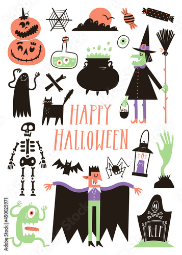 Halloween set with traditional elements and characters in simple hand drawn style.
