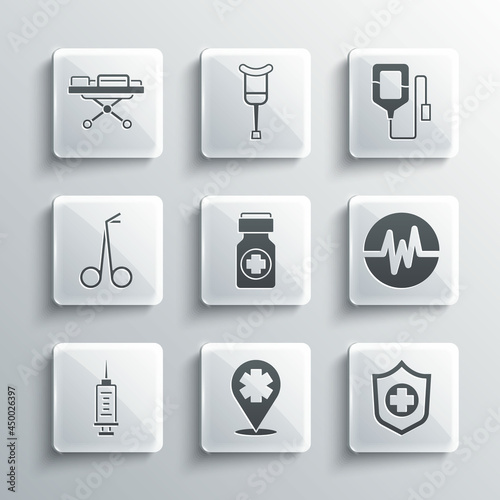 Set Location with cross hospital, Life insurance in hand, Heart rate, Medicine bottle pills, Syringe, Medical scissors, Stretcher and IV bag icon. Vector