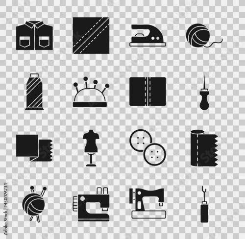 Set Awl tool, Textile fabric roll, Electric iron, Needle bed and needles, Sewing thread spool, Shirt and icon. Vector