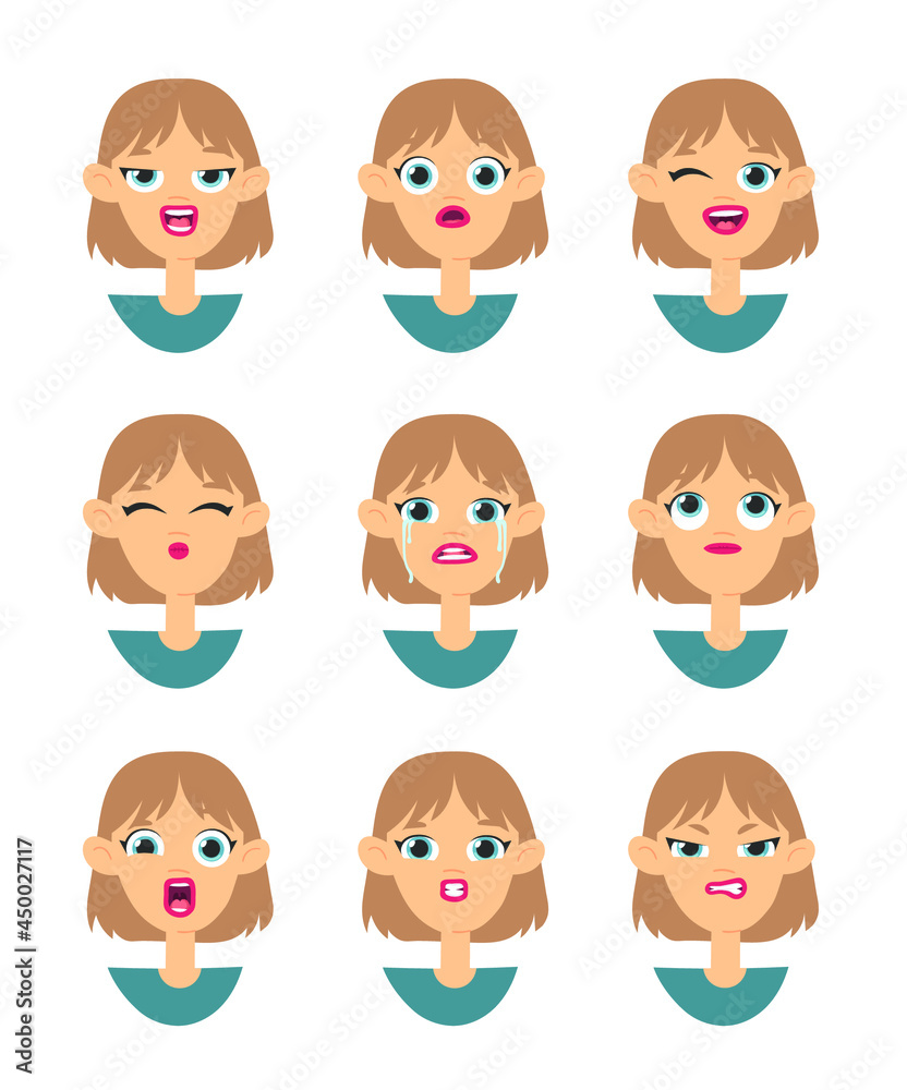 Emotional women emoji. Cartoon style illustration female emoticon. Isolated Hand drawn vector facial expression. Gestures Collection Expressing Different Emotions Emotional women emoji. Cartoon style illustration female emoticon. Isolated Hand drawn vector facial expression. Gestures Collection Expressing Different Emotions
