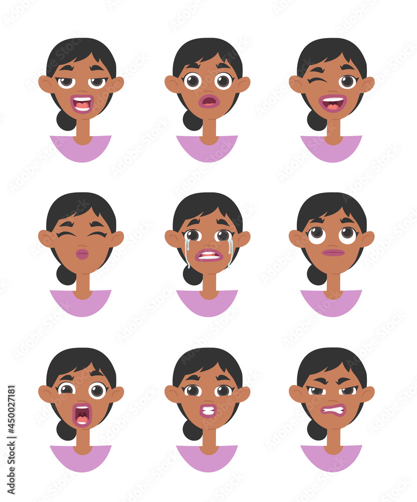 Set of emotional women emoji. Cartoon style illustration female emoticon. Isolated Hand drawn vector facial expression. Gestures Collection Expressing Different Emotions Set of emotional women emoji. Cartoon style illustration female emoticon. Isolated Hand drawn vector facial expression. Gestures Collection Expressing Different Emotions