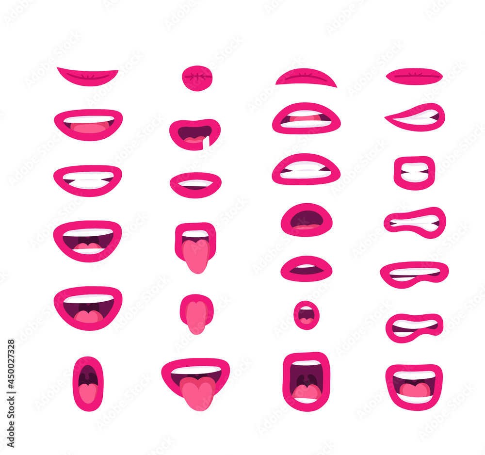 Emotional women lips. Cartoon style illustration female mouth. Isolated Hand drawn vector facial expression. Pink lipstick Gestures Collection Expressing Different Emotions Emotional women lips. Cartoon style illustration female mouth. Isolated Hand drawn vector facial expression. Pink lipstick Gestures Collection Expressing Different Emotions