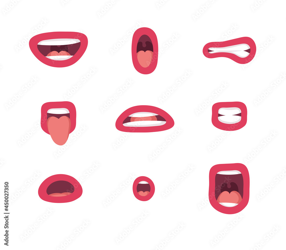 Set of emotional women lips. Cartoon style illustration female mouth. Isolated Hand drawn vector facial expression. Pink lipstick Gestures Collection Expressing Different Emotions