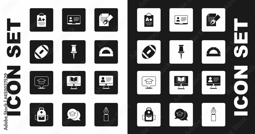 Set Exam sheet and pencil, Push pin, American Football ball, with plus grade, Protractor grid, Online class, and Graduation cap speech bubble icon. Vector
