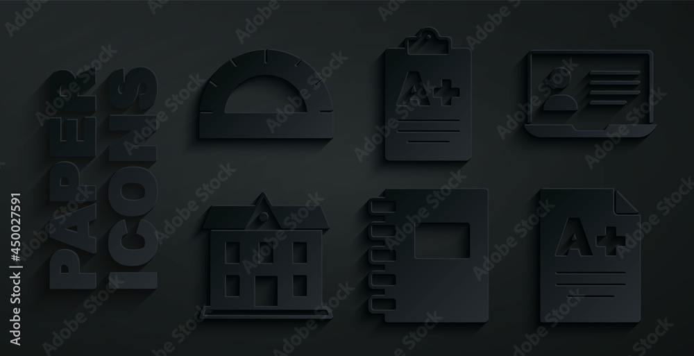 Set Spiral notebook, Online class, School building, Exam sheet with A plus grade, and Protractor grid icon. Vector Set Spiral notebook, Online class, School building, Exam sheet with A plus grade, and Protractor grid icon. Vector