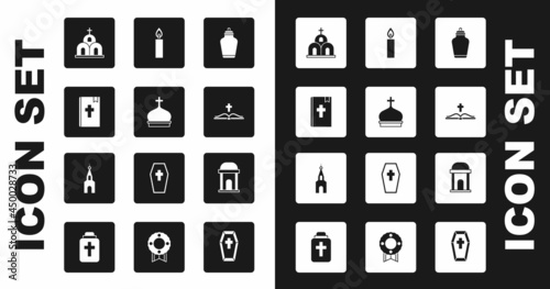 Set Funeral urn, Church tower, Holy bible book, building, Burning candle, Old crypt and icon. Vector